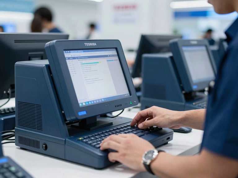 Mağazada POS terminalinde çalışan teknisyen