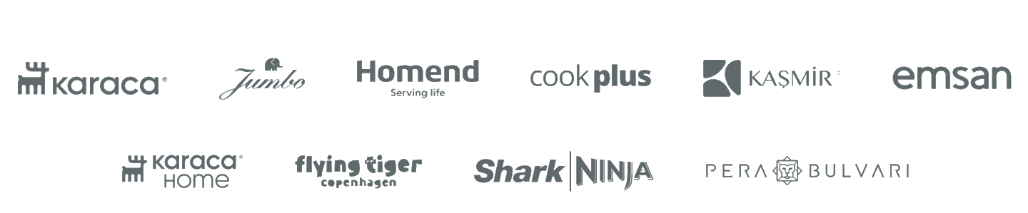 Karaca, Jumbo, Homend, Cookplus, Kaşmir, Emsan, Karaca Home, Flying Tiger, Shark Ninja, Pera Bulvarı logoları